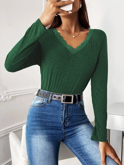 Load image into Gallery viewer, Lace Detail V-Neck Long Sleeve Top
