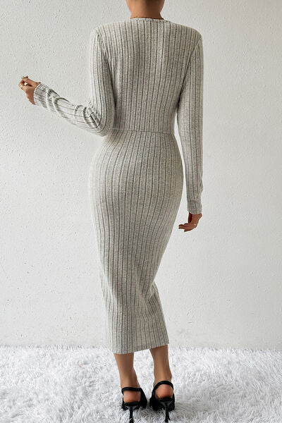 Load image into Gallery viewer, Ribbed Surplice Long Sleeve Midi Dress
