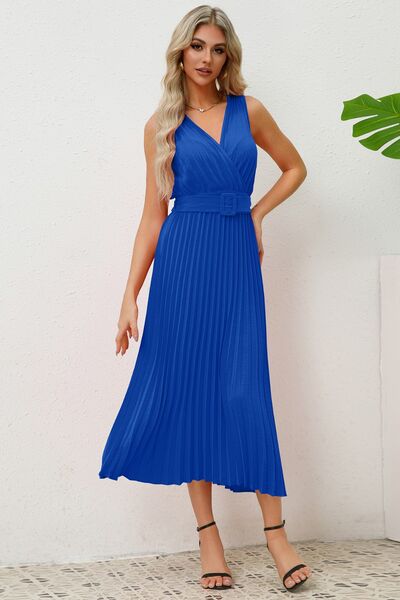 Load image into Gallery viewer, Surplice Sleeveless Midi Pleated Dress
