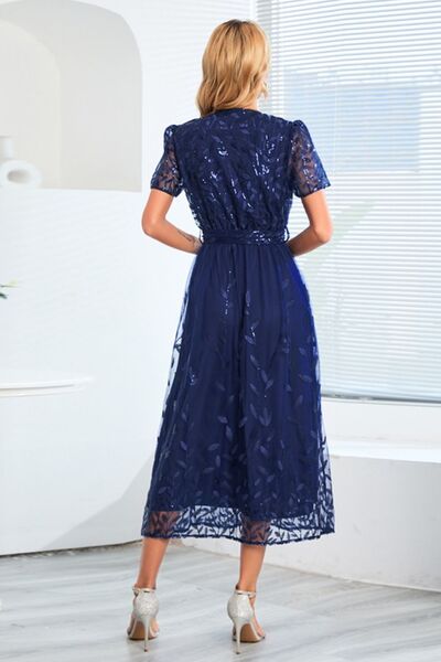 Load image into Gallery viewer, Sequin Leaf Embroidery Tie Front Short Sleeve Dress
