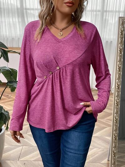 Load image into Gallery viewer, Plus Size Heathered V-Neck Decorative Button T-Shirt
