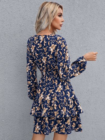 Load image into Gallery viewer, Floral Layered Surplice Balloon Sleeve Dress
