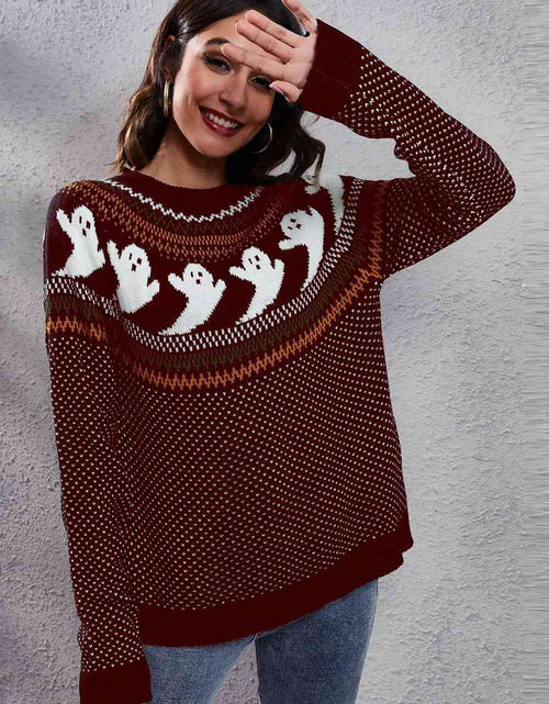 Load image into Gallery viewer, Ghost Pattern Round Neck Long Sleeve Sweater
