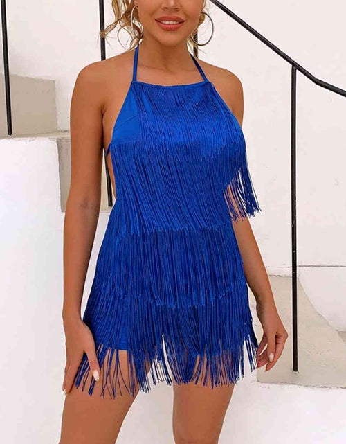 Load image into Gallery viewer, Fringed Halter Neck Tied Back Mini Dress
