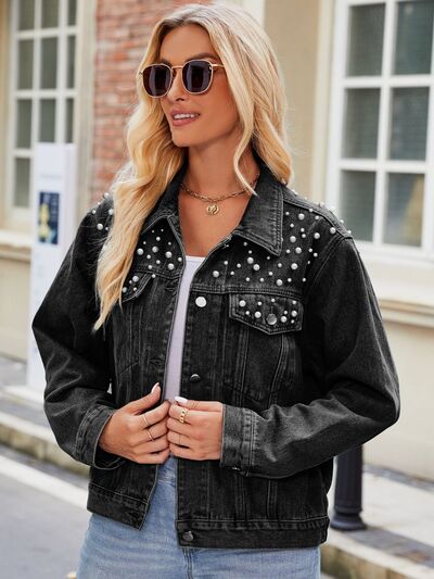 Load image into Gallery viewer, Pearl Detail Collared Neck Long Sleeve Denim Jacket
