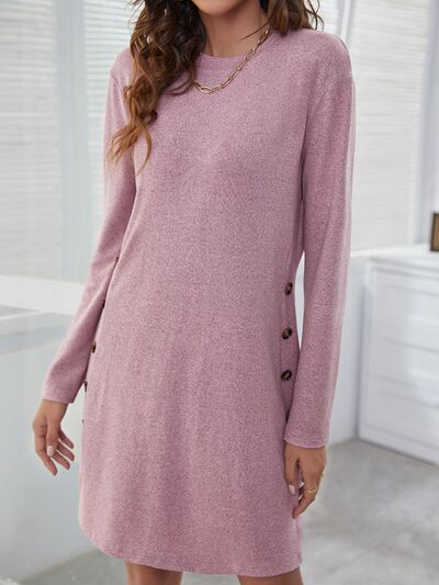 Load image into Gallery viewer, Decorative Button Round Neck Long Sleeve Dress
