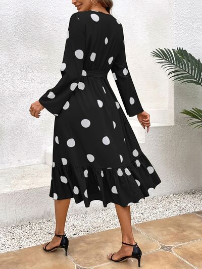 Load image into Gallery viewer, Tied Polka Dot Round Neck Ruffle Hem Dress
