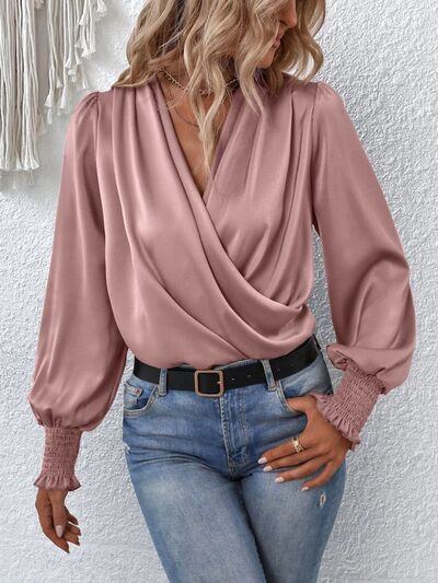 Load image into Gallery viewer, Surplice Smocked Lantern Sleeve Blouse
