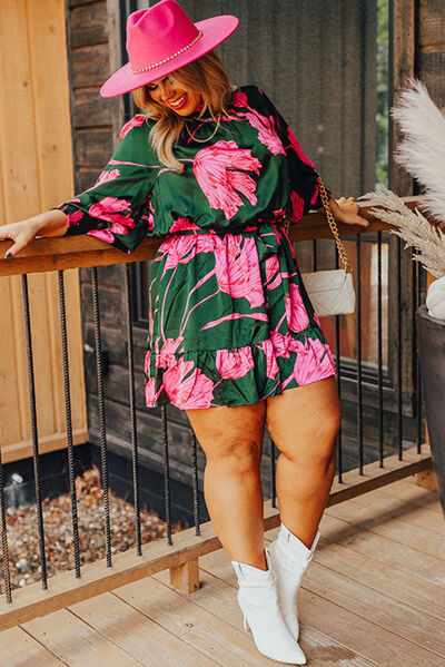 Load image into Gallery viewer, Plus Size Printed Lantern Sleeve Ruffle Hem Dress
