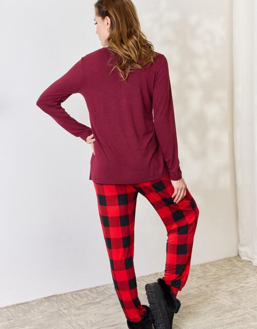 Load image into Gallery viewer, Zenana Full Size Plaid Round Neck Top and Pants Pajama Set
