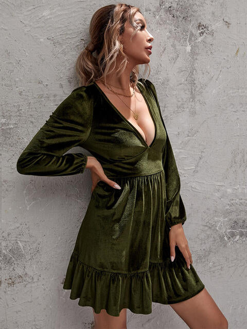 Load image into Gallery viewer, Plunge Long Sleeve Ruffle Hem Dress
