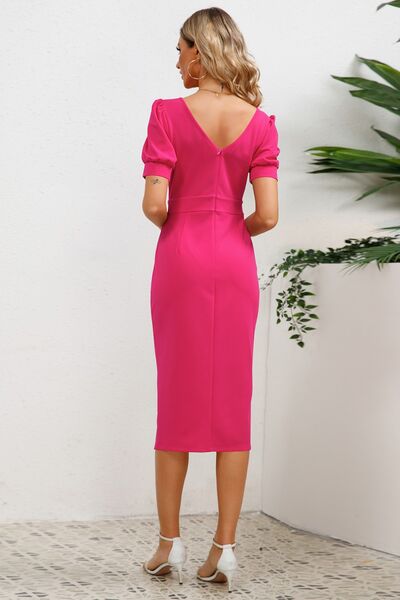 Load image into Gallery viewer, Slit Ruffled Puff Sleeve Midi Dress
