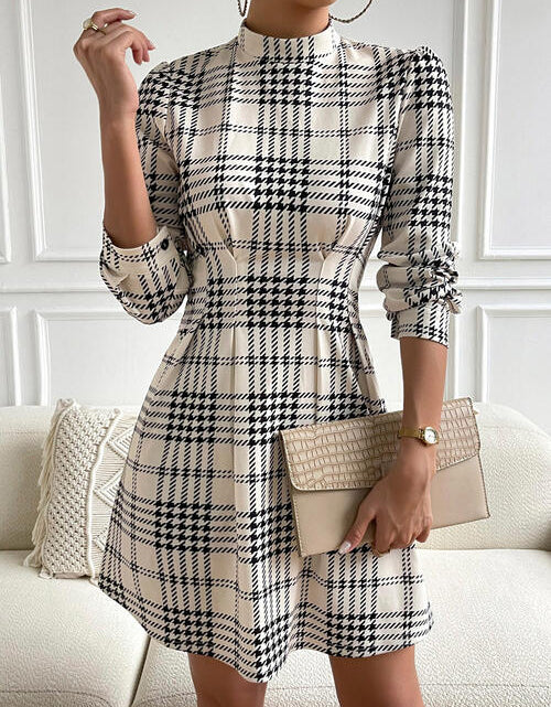 Load image into Gallery viewer, Houndstooth Mock Neck Cinched Mini Dress
