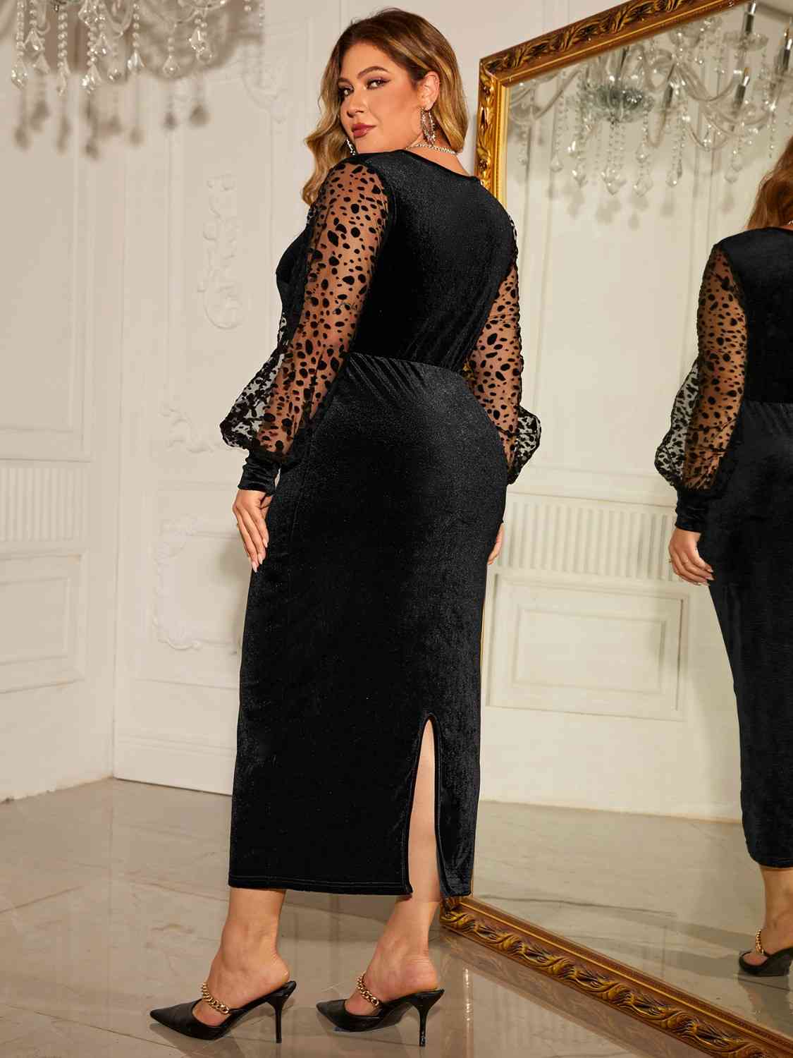 Plus Size Twist Front Lantern Sleeve Slit Dress