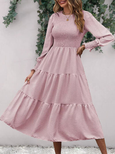 Load image into Gallery viewer, Smocked Round Neck Long Sleeve Midi Dress
