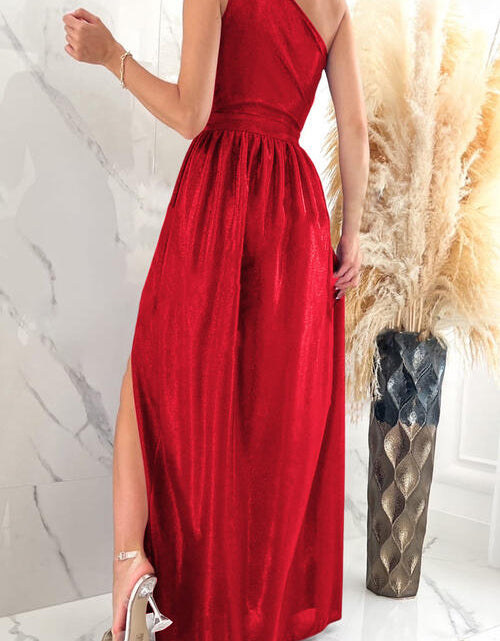 Load image into Gallery viewer, One Shoulder Slit Ruched Maxi Dress
