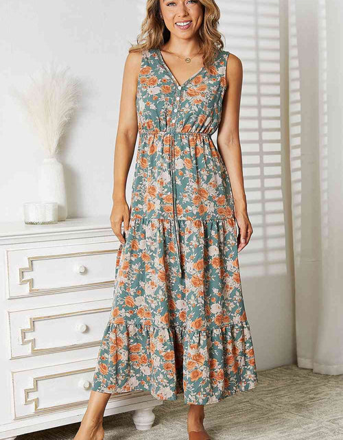 Load image into Gallery viewer, Double Take Floral V-Neck Tiered Sleeveless Dress
