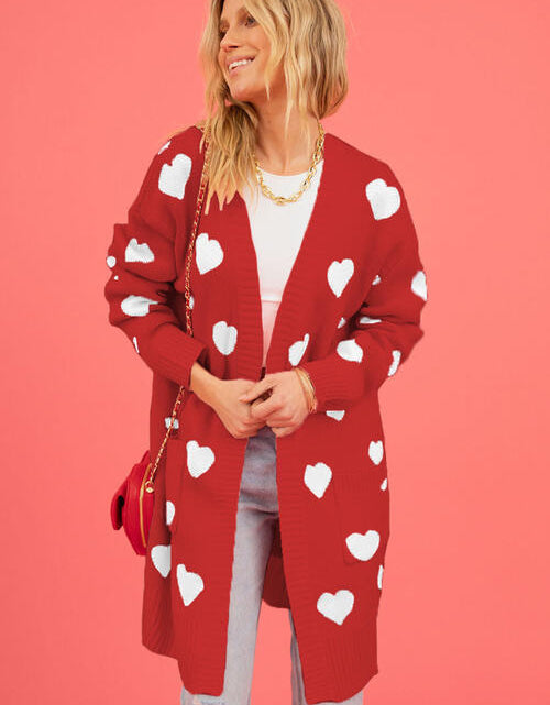 Load image into Gallery viewer, Heart Graphic Open Front Cardigan with Pockets
