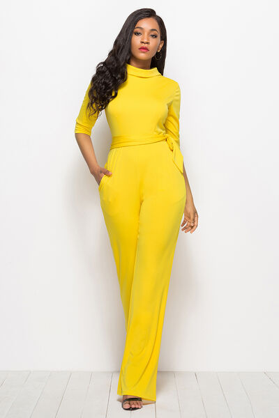 Load image into Gallery viewer, Mock Neck Tie-Waist Half Sleeve Jumpsuit
