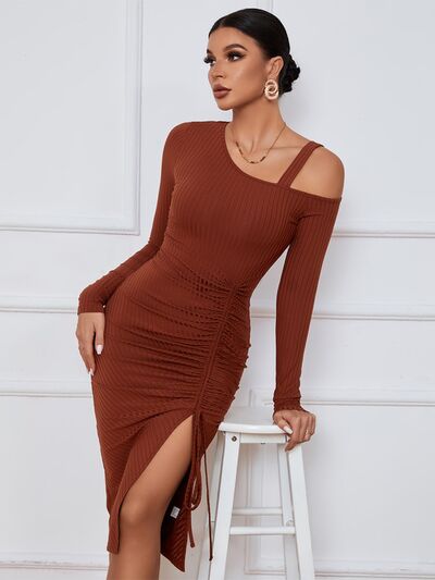 Load image into Gallery viewer, Ribbed Ruched Drawstring Wrap Dress
