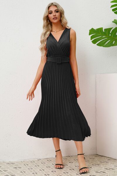 Load image into Gallery viewer, Surplice Sleeveless Midi Pleated Dress
