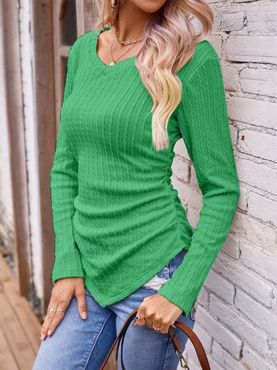 Load image into Gallery viewer, Textured Ruched V-Neck Long Sleeve T-Shirt
