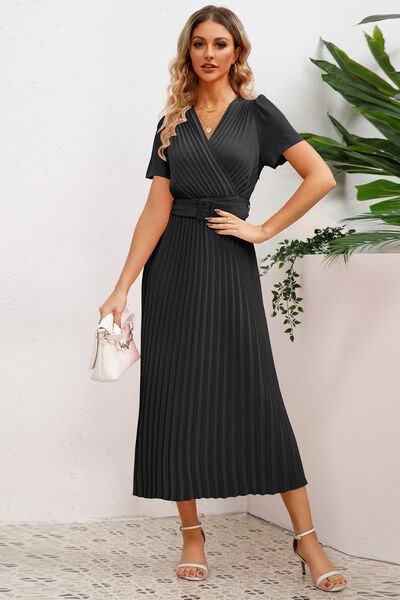 Load image into Gallery viewer, Pleated Surplice Short Sleeve Midi Dress
