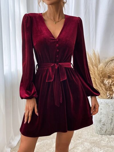 Load image into Gallery viewer, V-Neck Tie Waist Mini Dress
