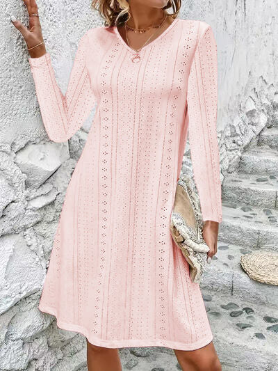 Load image into Gallery viewer, Eyelet V-Neck Long Sleeve Mini Dress
