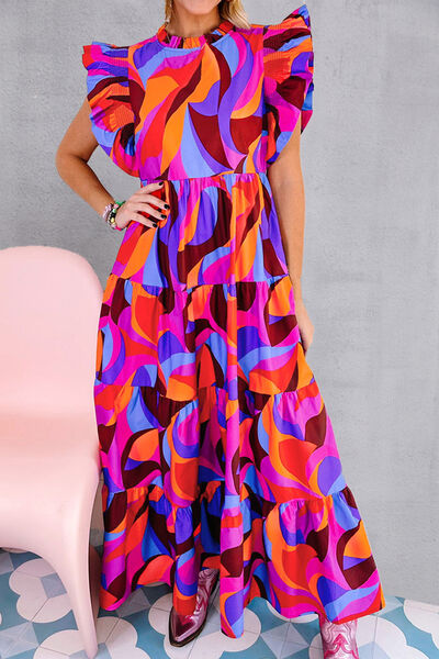 Load image into Gallery viewer, Printed Ruffled Mock Neck Tiered Dress
