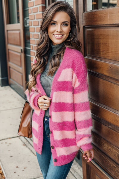 Load image into Gallery viewer, Striped Button Up Fuzzy Cardigan with Pockets
