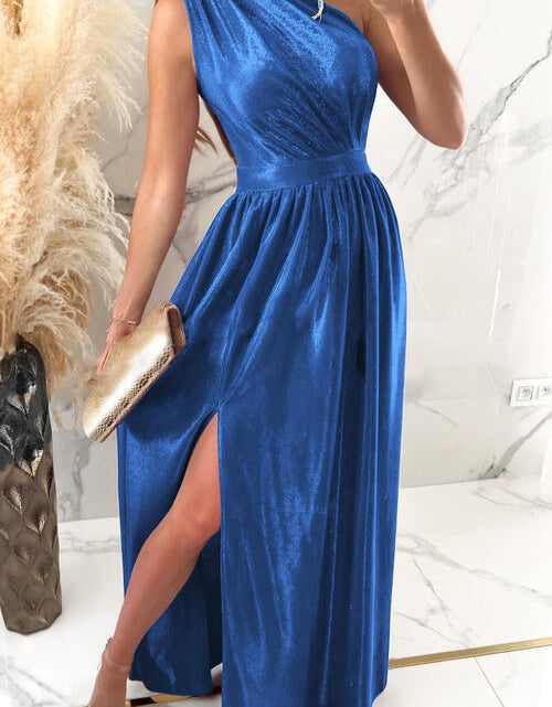 Load image into Gallery viewer, One Shoulder Slit Ruched Maxi Dress
