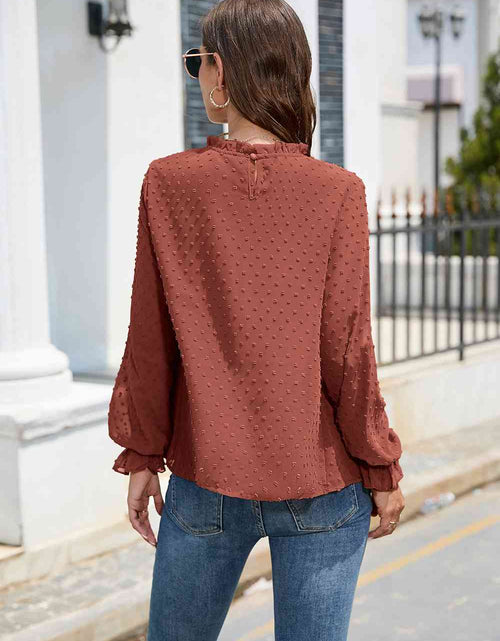 Load image into Gallery viewer, Smocked Mock Neck Swiss Dot Top
