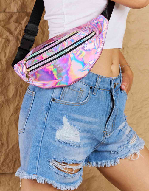 Load image into Gallery viewer, Fame Good Vibrations Holographic Double Zipper Fanny Pack in Hot Pink
