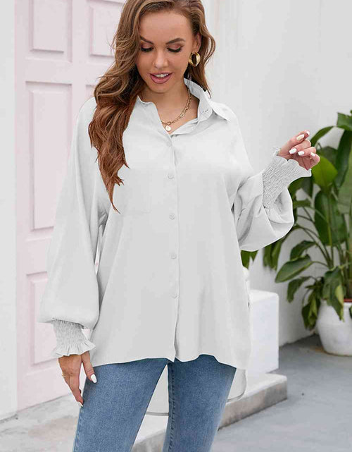 Load image into Gallery viewer, High-Low Collared Neck Lantern Sleeve Shirt
