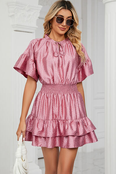 Load image into Gallery viewer, Smocked Tie Neck Flounce Sleeve Dress
