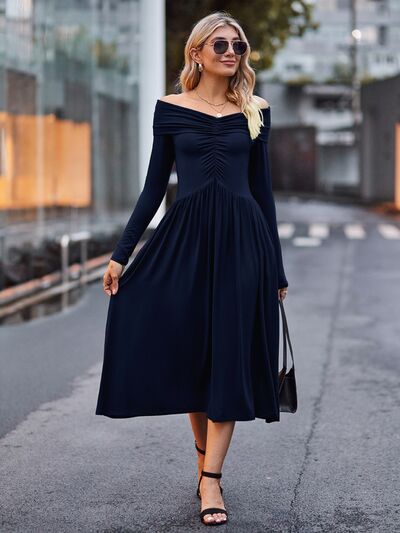 Load image into Gallery viewer, Ruched Off-Shoulder Midi Dress
