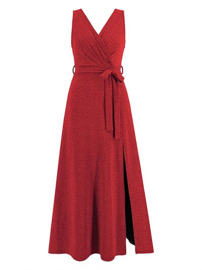 Load image into Gallery viewer, Slit Surplice Tie Waist Sleeveless Dress
