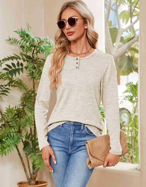 Load image into Gallery viewer, Buttoned Round Neck  Long Sleeve T-Shirt
