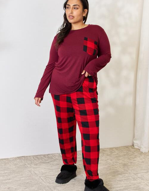 Load image into Gallery viewer, Zenana Full Size Plaid Round Neck Top and Pants Pajama Set
