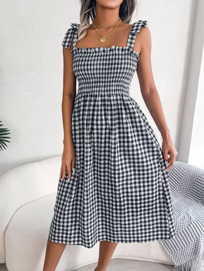 Load image into Gallery viewer, Frill Plaid Square Neck Midi Dress
