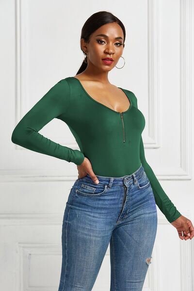 Load image into Gallery viewer, Half Zip Scoop Neck Long Sleeve Bodysuit
