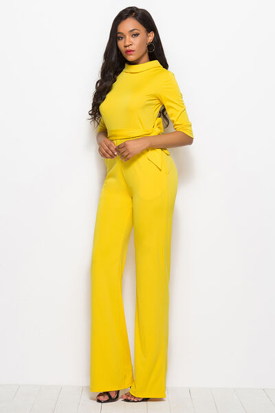 Load image into Gallery viewer, Mock Neck Tie-Waist Half Sleeve Jumpsuit
