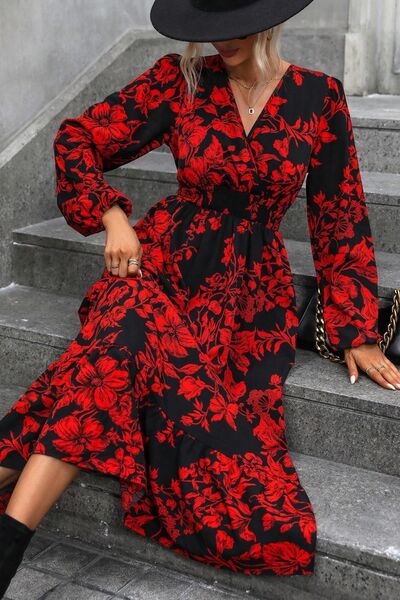 Load image into Gallery viewer, Printed Surplice Balloon Sleeve Midi Dress
