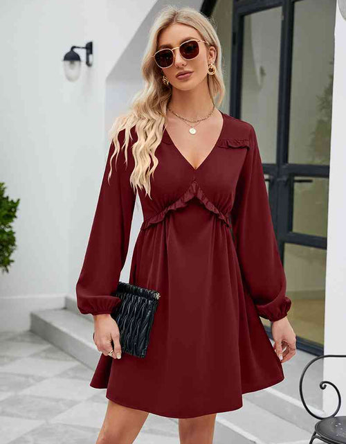 Load image into Gallery viewer, Frill Trim V-Neck Long Sleeve Dress
