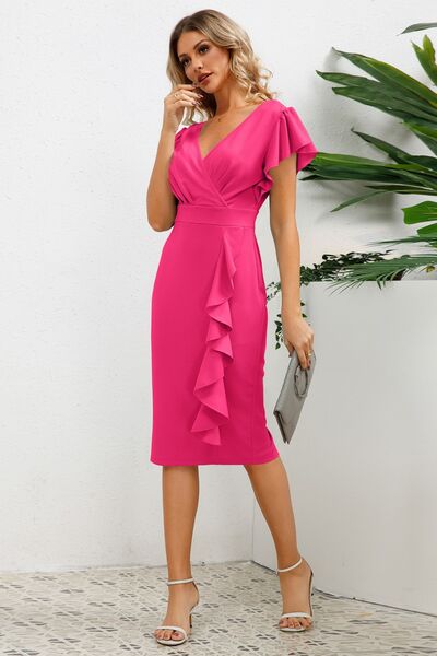 Load image into Gallery viewer, Ruffled Slit Surplice Cap Sleeve Dress
