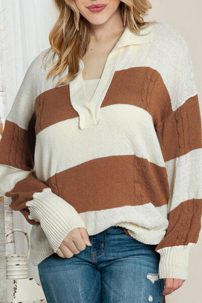 Load image into Gallery viewer, Striped Johnny Collar Dropped Shoulder Sweater
