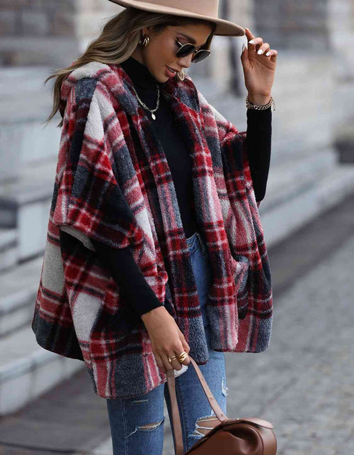 Load image into Gallery viewer, Plaid Hooded Coat with Pockets
