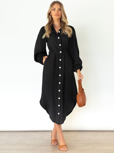 Drawstring Button Up Balloon Sleeve Dress