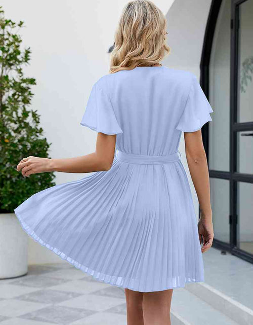 Load image into Gallery viewer, Surplice Neck Tie Waist Flutter Sleeve Pleated Dress
